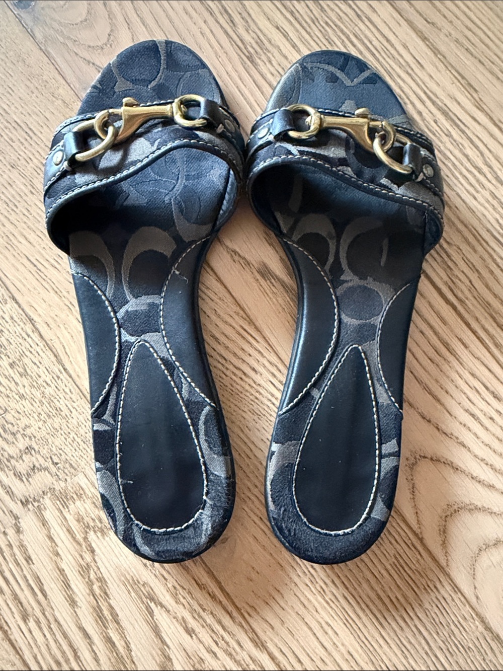 COACH Black Slide Sandals with Gold Buckle Detail - Picture 4 of 9